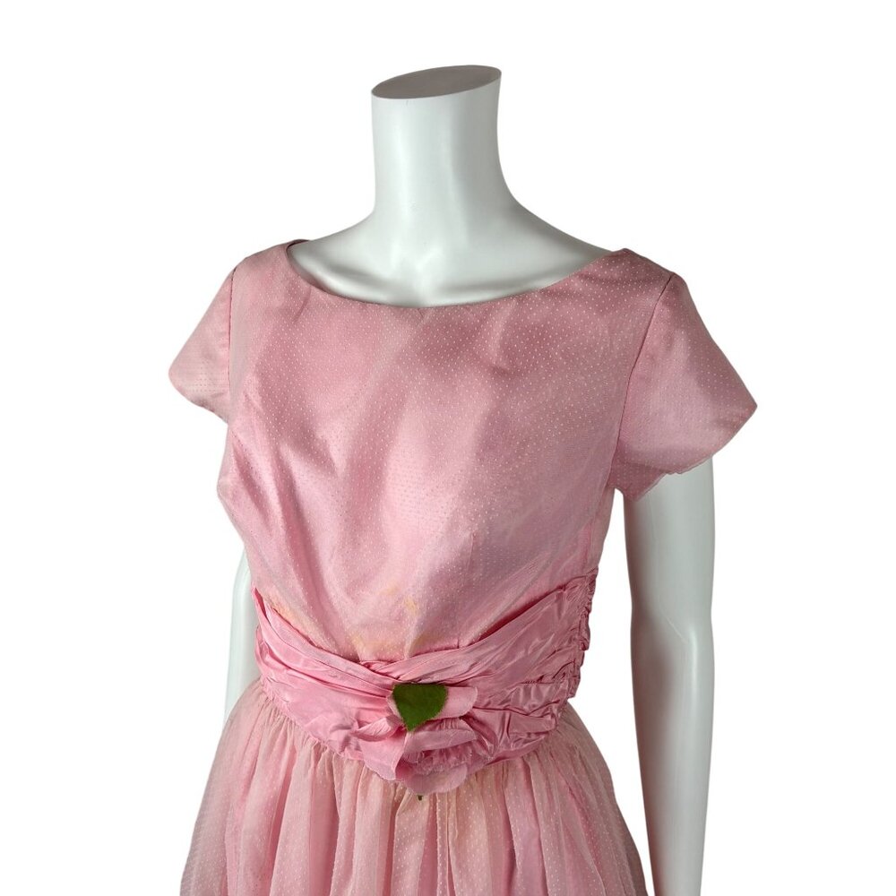 Vintage 50s Prom Dress Women's XS Pink Dotted Swiss Full Skirt Formal Fit Flare - Picture 3 of 15